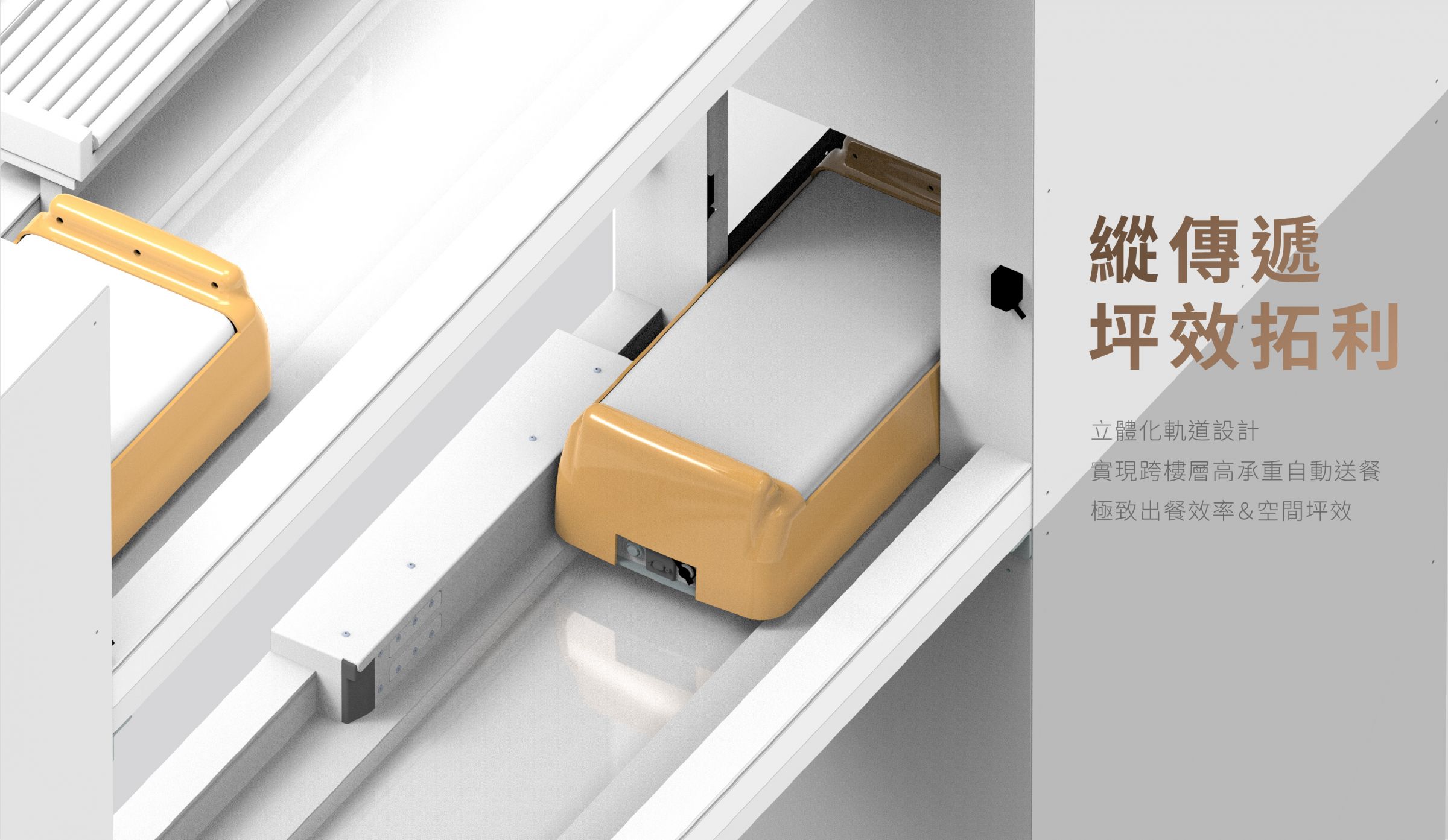 縱傳遞,坪效拓利。立體化軌道設計,實現跨樓層高承重自動送餐,極致出餐效率&空間坪效。