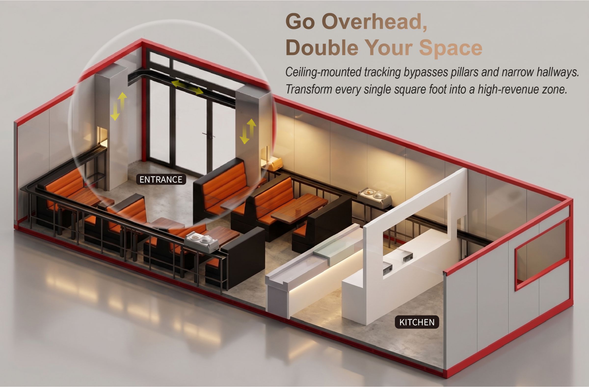 Go Overhead, Double Your Space:Ceiling-mounted tracking bypasses pillars and narrow hallways.Unlock dead space to maximize guest seating capacity.Transform every single square foot into a high-revenue zone.
