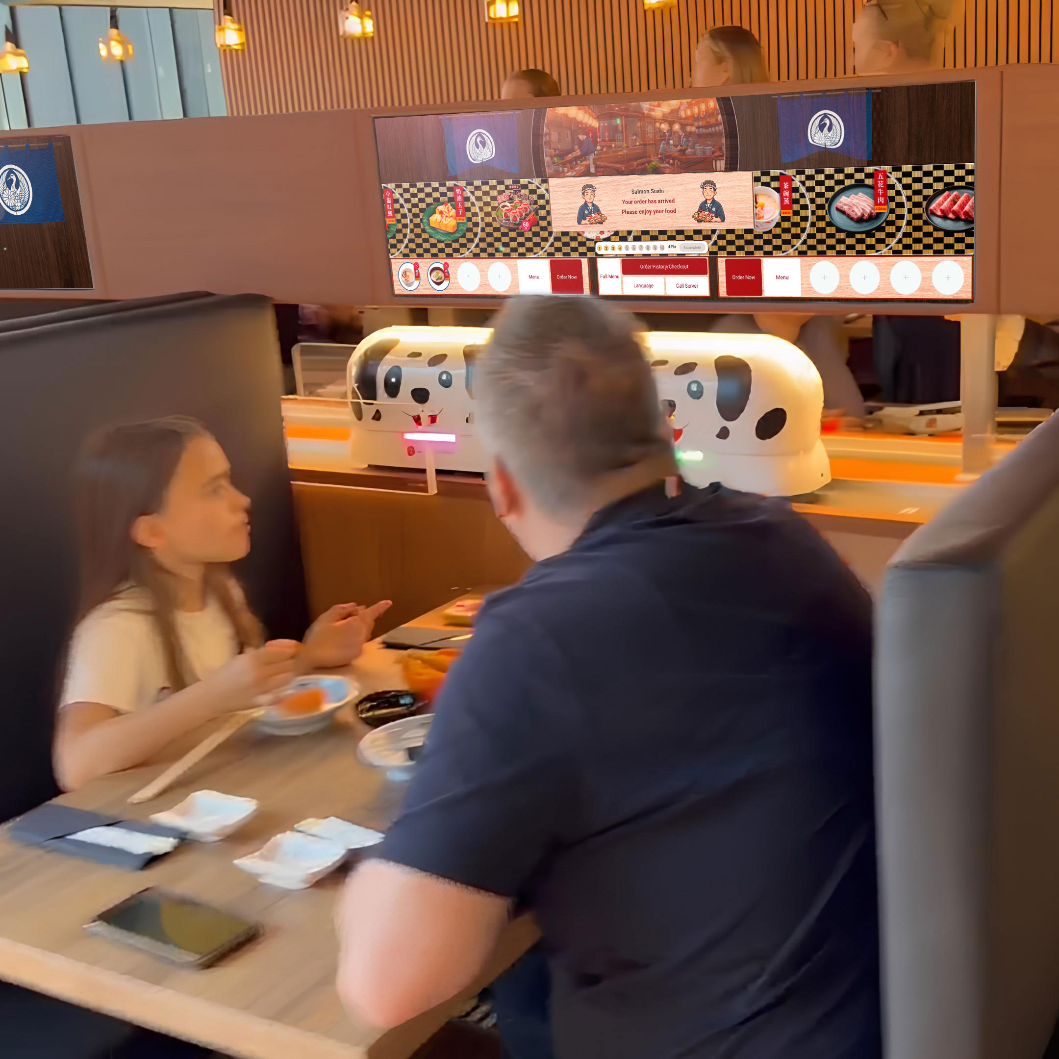 Vue de face du kiosque de commande autonome à grand écran AI.