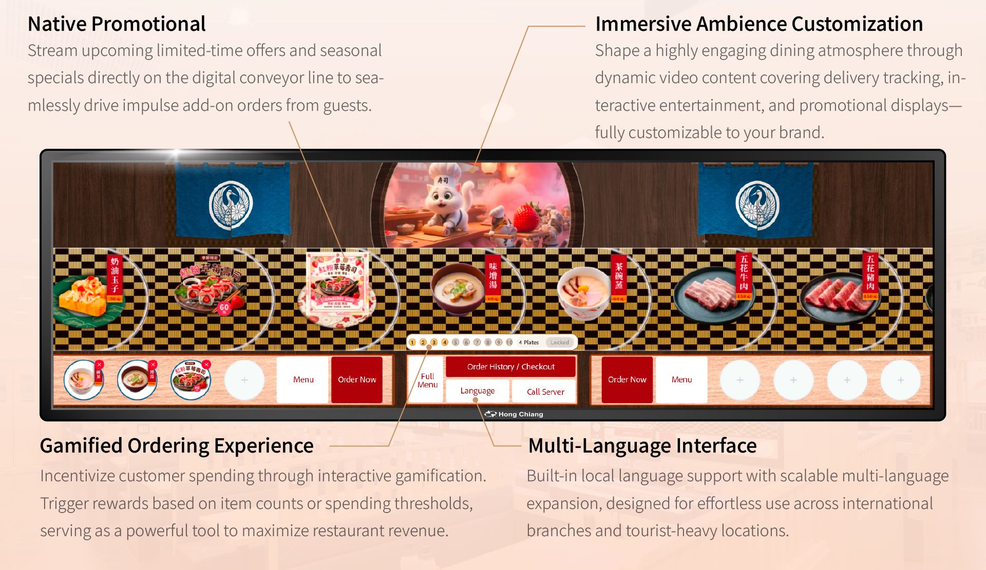 KI-Großbildschirm-Tablet-Bestellsystem (Digiro-Stil) mit einer mehrsprachigen Benutzeroberfläche, nativen Werbeplatzierungen, videobasierter immersiver Ambiente-Anpassung und einem gamifizierten Bestellerlebnis zur Steigerung des Kundenengagements und der Ausgaben.