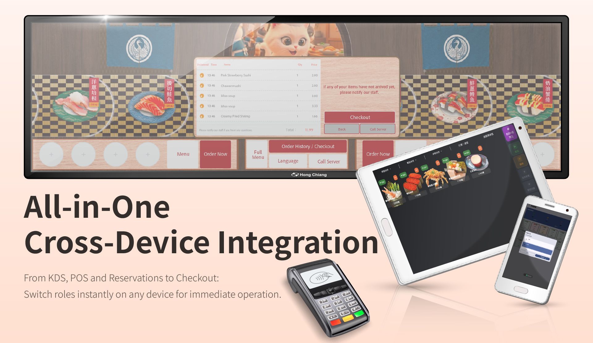 All-in-one KDS, POS und Reservierungssystem, das durch robuste Hardware-Software-Integrationsfähigkeiten unterstützt wird.