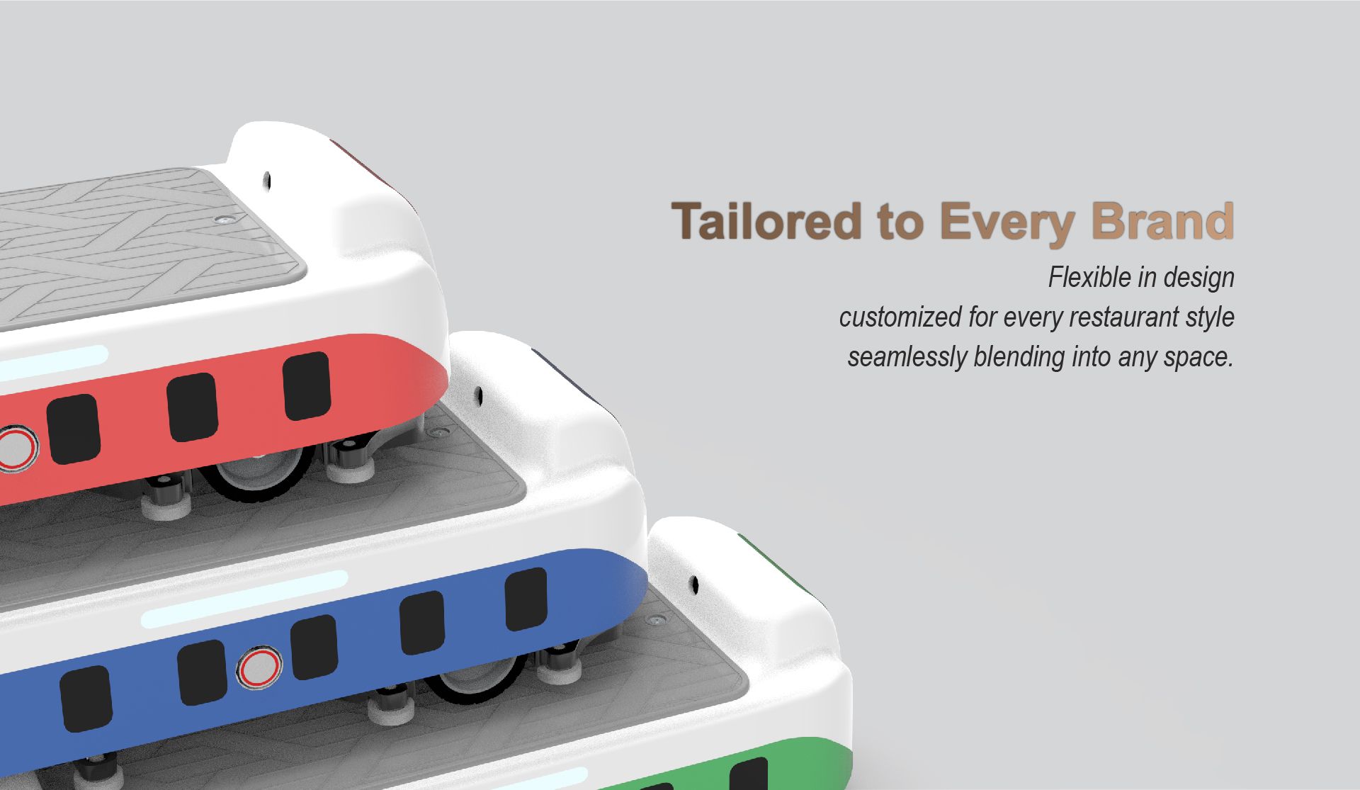 QuickServe Matleveransrobot: Anpassad för varje varumärke. Flexibel design skräddarsydd för varje restaurangstil som sömlöst smälter in i vilket utrymme som helst.