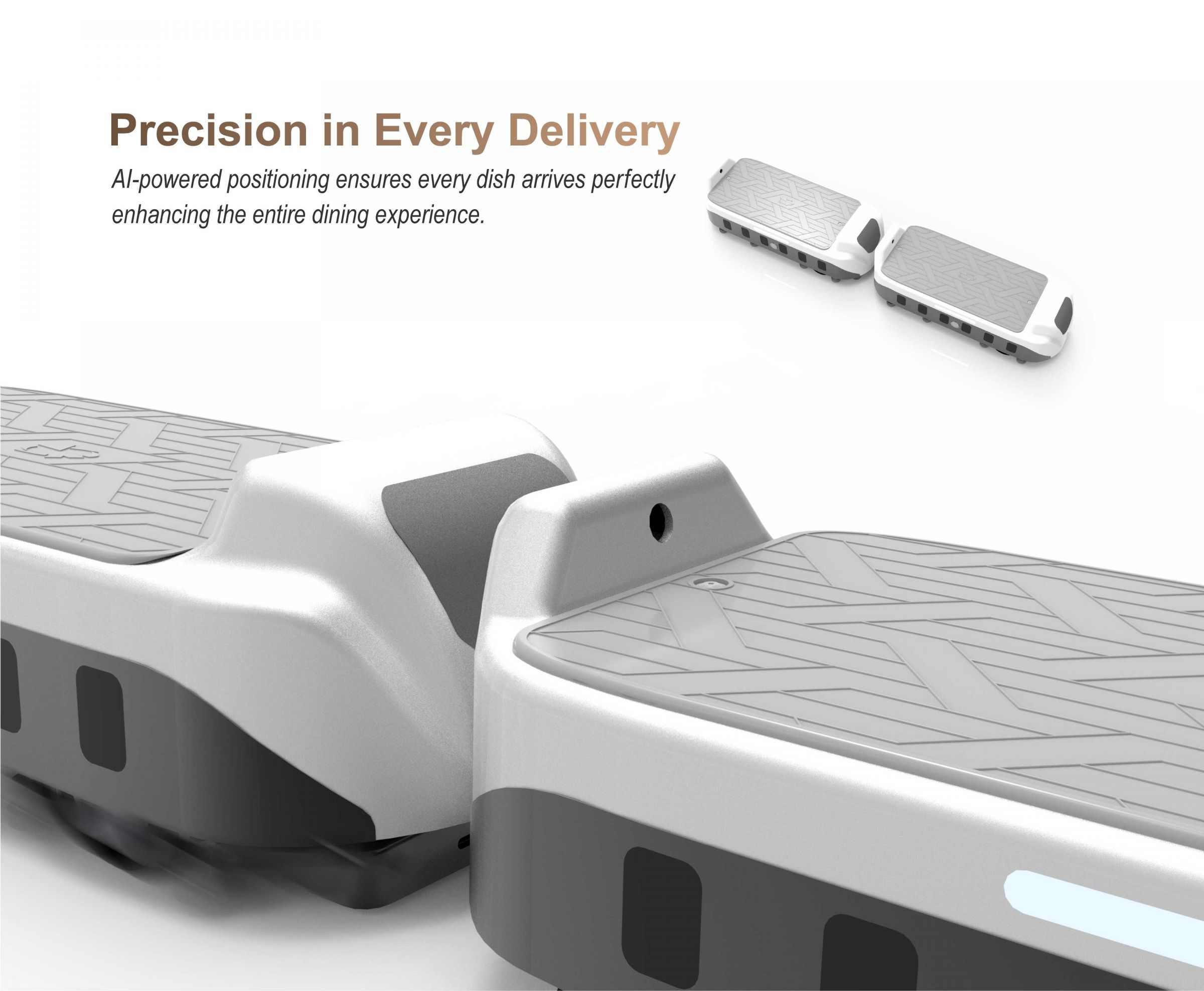 Precision i Varje Leverans: AI-driven positionering säkerställer att varje rätt anländer perfekt och förbättrar hela matupplevelsen.
