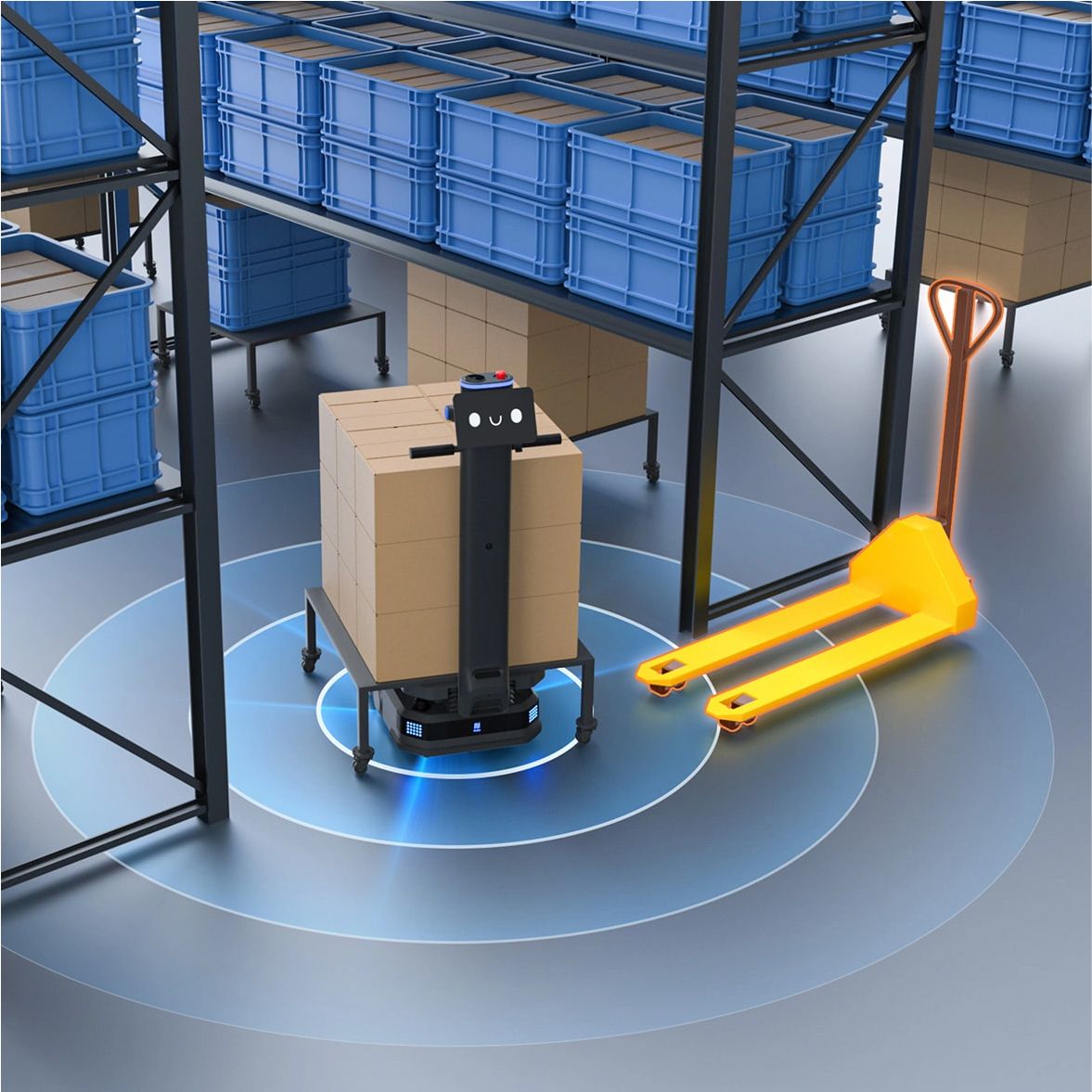 Autonomt upptäcker låga hinder och navigerar flexibelt runt dem för att säkerställa säker drift.