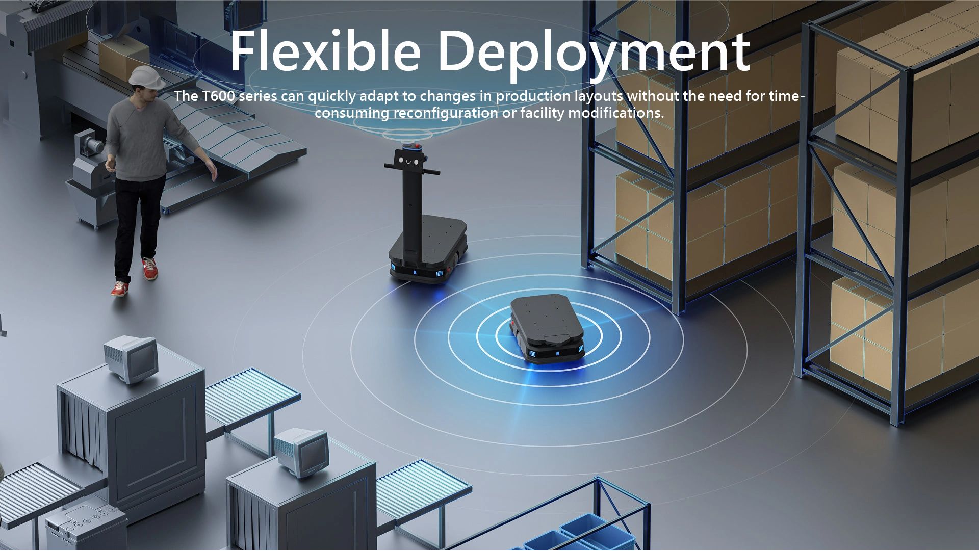 Flexibel distribution: T600-serien kan snabbt anpassa sig till förändringar i produktionslayout utan behov av tidskrävande omkonfigurering eller anpassningar av anläggningen.