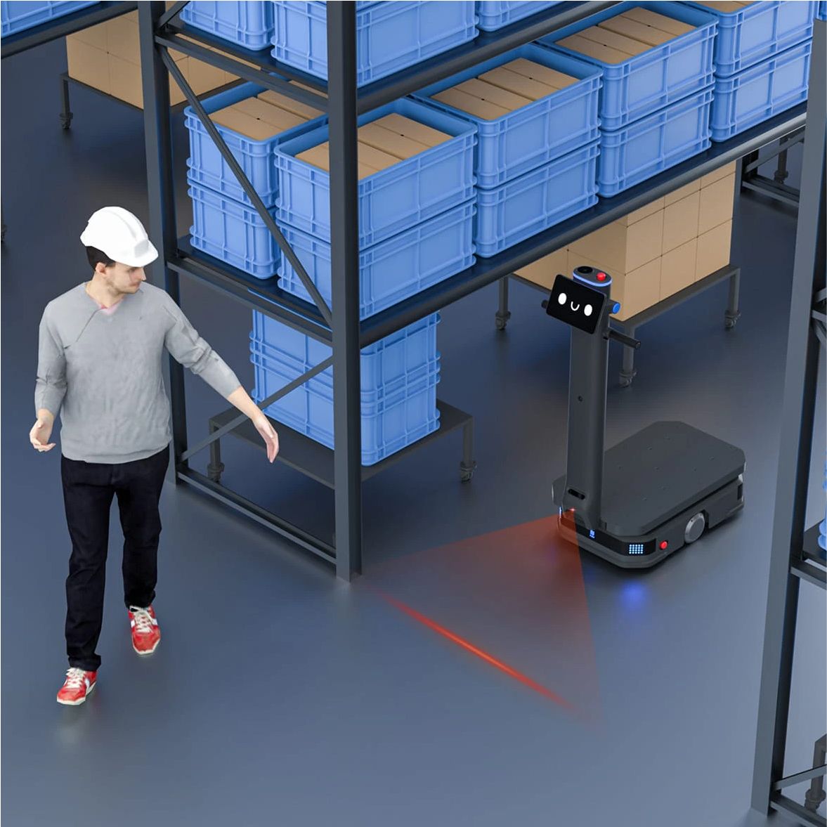 Projicerar en linjär varningsmarkering framför T600 för att indikera reseområdet, vilket skapar en säker människa-robot samarbetsarbetsplats.