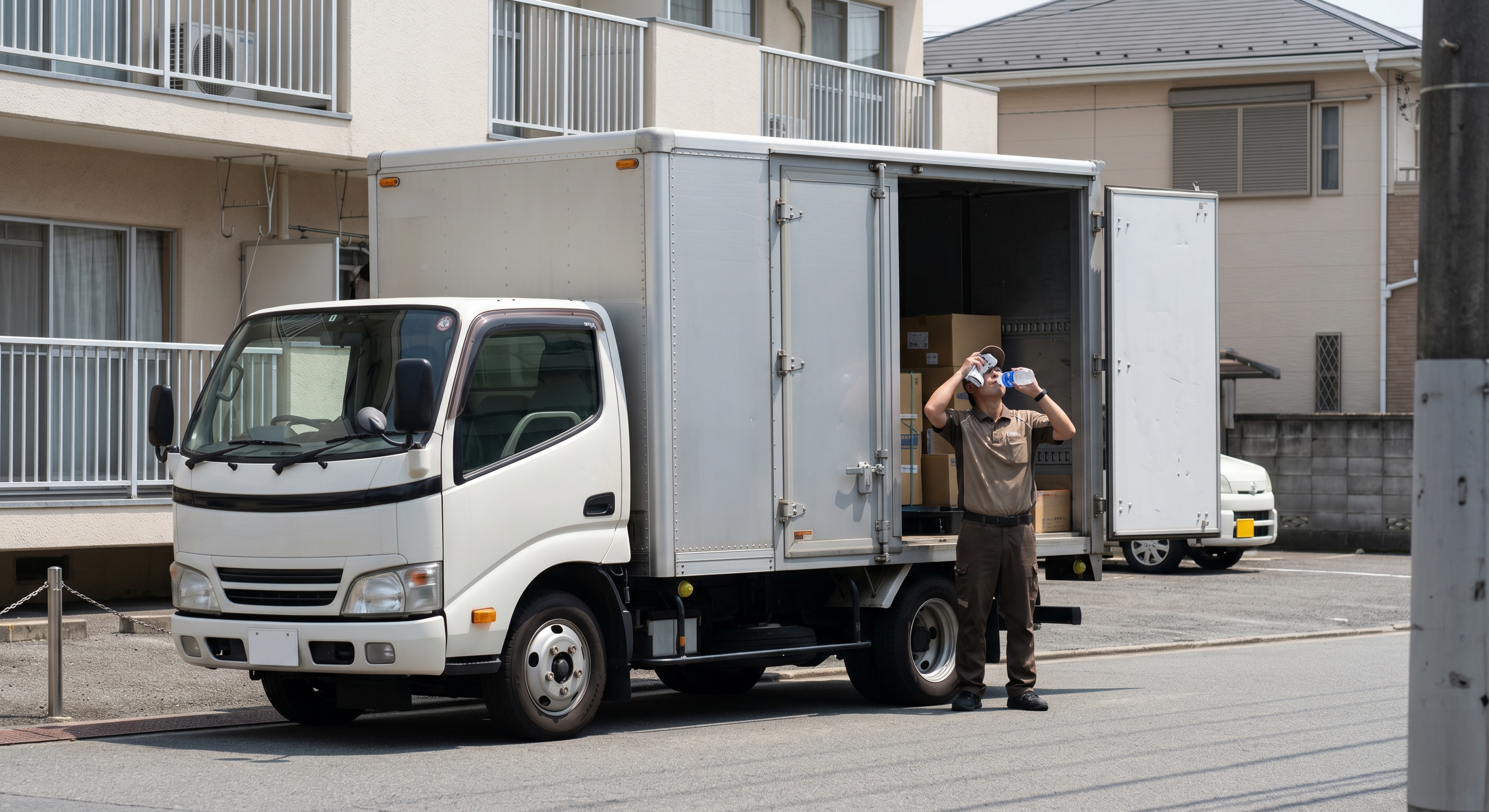 A delivery driver resting in the heat next to a logistics truck in Japan, highlighting the 2024 logistics problem and high turnover rates in 2025.
