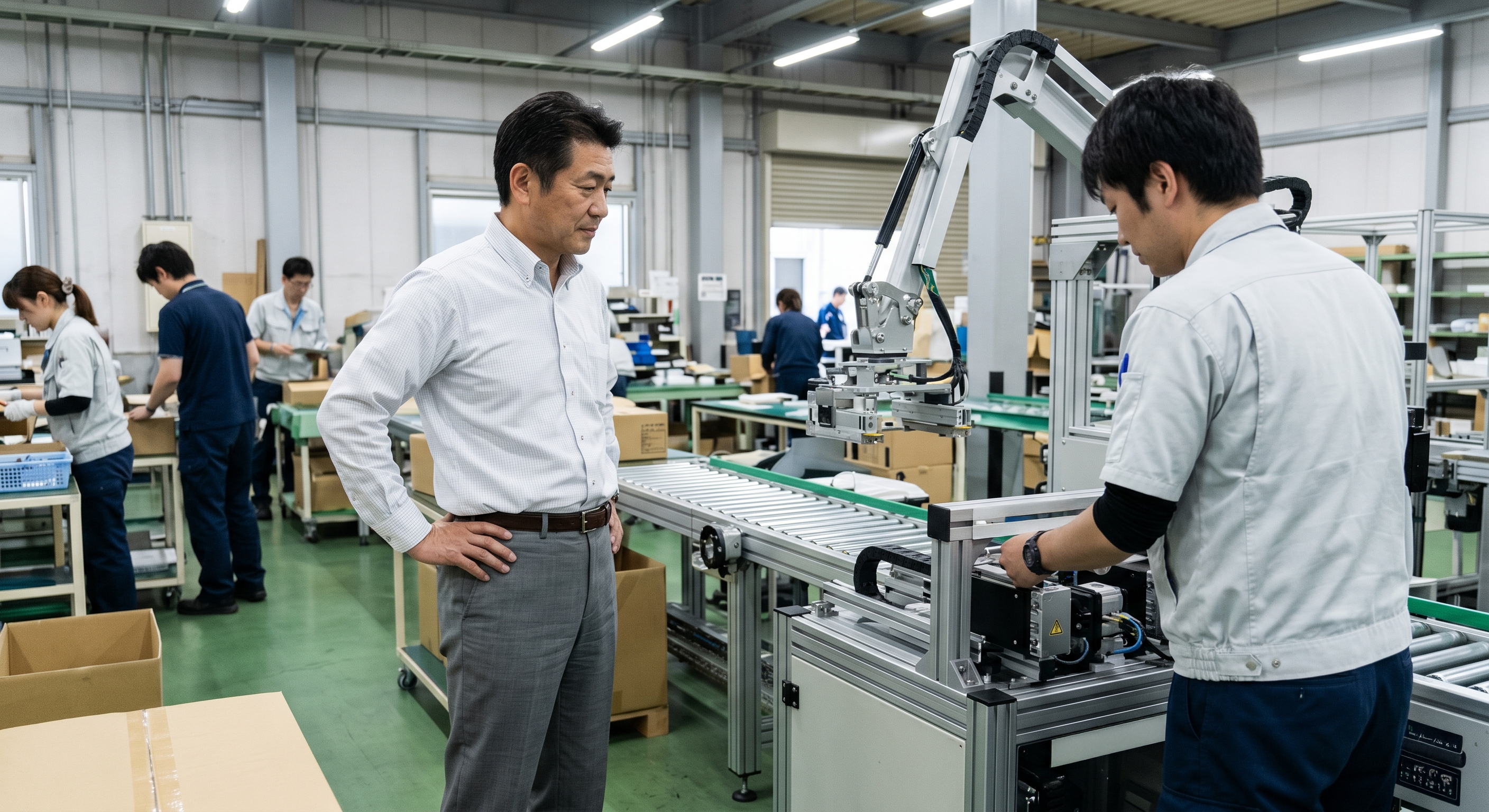 A Japanese manager observing an automated packaging arm in a facility, symbolizing the strategic shift from recruitment to DX and equipment investment for 2026.